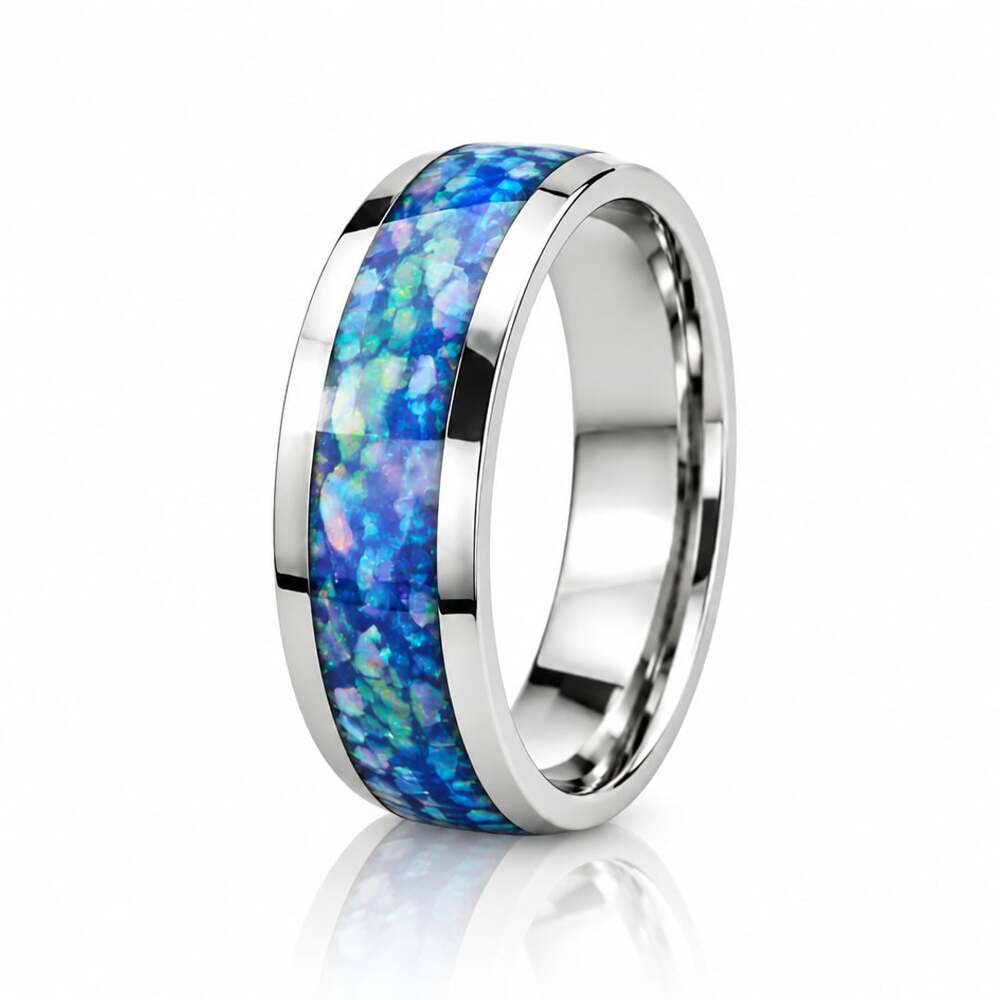 Tungsten Carbide Blue Opal Inlay 8mm Ring Size 11